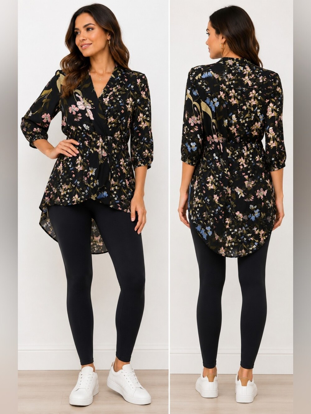 7th Avenue Design Studio NY&C Black Floral Tunic Blouse V-Neck 3/4 Sleeve S